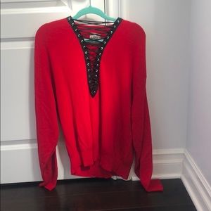 LF red lace up sweater